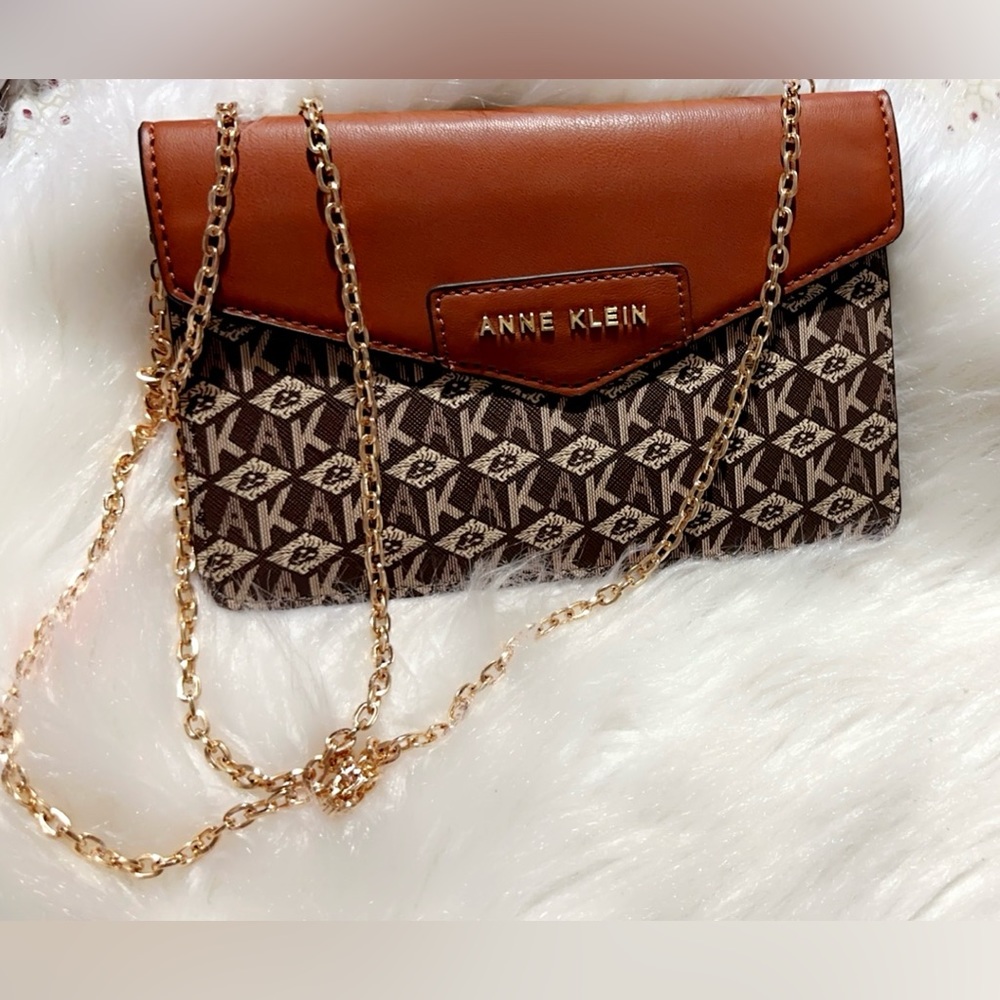 Anne Klein Brown Logo Crossbody with Tan Flap and Gold Chain